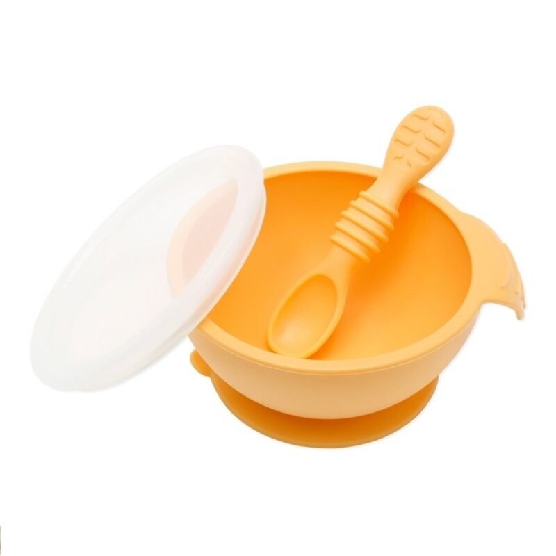 About this item
Convenient handle on bowl allows it to be held securely with a single hand for easy feeding; Double-end spoon grows with baby: one side for dipping into purees, the other for scooping solids
Suction base keeps bowl from sliding around or tipping over on table or tray
Clear silicone lid fits securely for storage in refrigerator or freezer
Easy to clean Either hand wash or put on the top rack of the dishwasher.
Set made from 100% food grade silicone, which is durable, stain resistant, doesn't harbor bacteria and is BPA, PVC, phthalate, cadmium and lead free