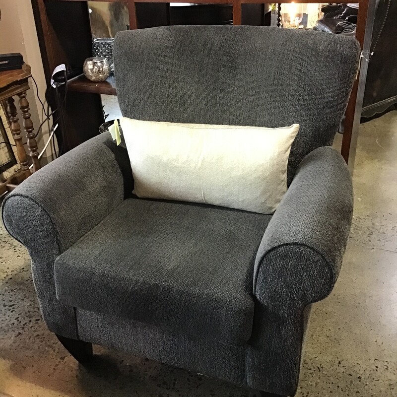 Grey Upholstered Chair
Flippable seat cushion
Purchased 3 years ago
Owners had the cores on all the cushions replaced with commercial grade foam by Santom Upholstery
Dark brown feet
Firm cushion
Made in Fullerton, CA
Matches # 169551

Dimensons:  39 x 30 x 37
