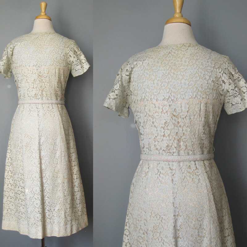 Vtg Lace W Pearls, Blue, Size: XS
Pretty lace cocktail dress from the 1950s.
Fitted bodice with short sleeves, the upper chest lined with blue facing and sprinkled with tiny pearls and silver metal set clear rhinestones.
the skirt very full.
Most of the dress is lined in a blush/flesh tone fabric.
Side metal zipper
No tags, it could be handmade as were quite of few of the evening dresses in the haul of which this dress is one piece.
great condition, I encourage you to add a crinoline!

Flat Measurements:
Armpit to Armpit: 18.5
Waist: 15.5
Hips: 20.5
Length: 44.5

Thank you for looking.
#47210
