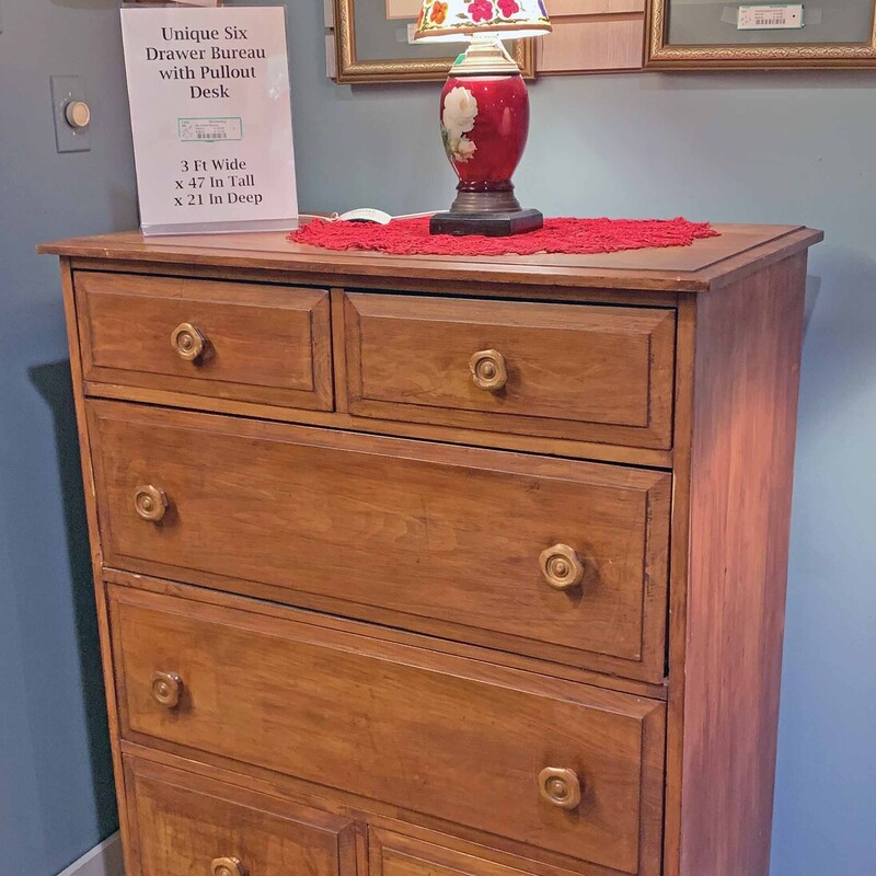 Unique Six Drawer Bureau with  Pull Down Desk
3 Ft Wide x 21 In Deep x 47 In Tall.