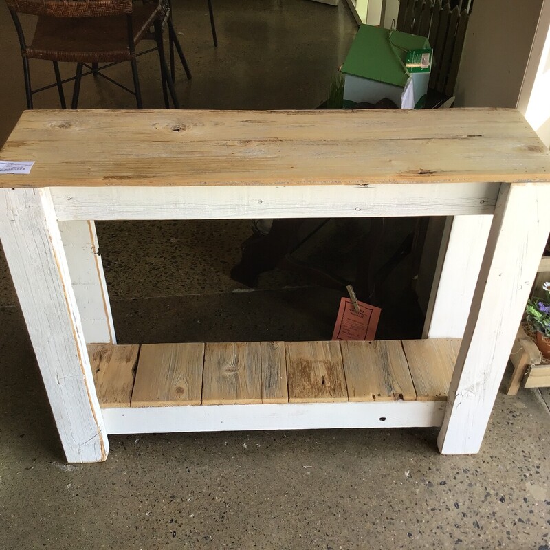 Rustic wood
Lower shelf
Distressed white sides

Dimensions: 36x10x28