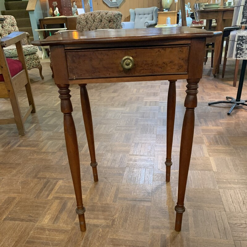 Turtleback 1 Drwr End Table
Size: 19 x16 x 27
Lovely antique end table with one drawer.  The drawer face has a birdseye veneer.  The table is in very good condition.  There is a slight discoloration form water on the top which can be easily fixed.  Its unique shape adds to its beauty.