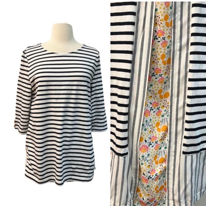 Matilda Jane Top
Black and White Stripes with Colorful Floral Back Detail
3/4 Sleeve with Button Detail
Size: Medium