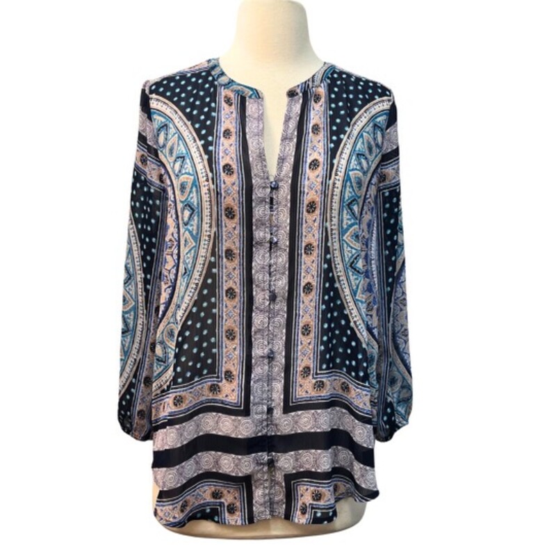 Lucky Brand Sheer Blouse<br />
Medallion Print<br />
Navy, Teal, Beige, and White<br />
Size: Medium