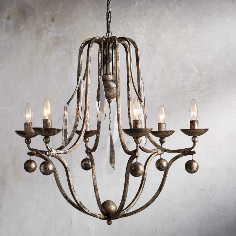 Arhaus Bonita Chandelier
Silver Brown Gold  Size: 29x29x28H
Handcrafted of iron. Distress finish.  Italian crystal teardrops for dramatic sparkle.  Simply Stunning.
Holds 6 Bulbs
Retail $2549
Matching Wall Sconces Sold Separately