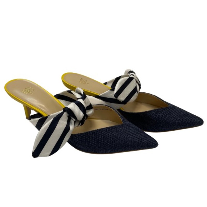 CAbi Bow Kitten Heel Mule<br />
Navy, White, and Yellow<br />
With Navy And White Bows<br />
2.25 Heels<br />
Shoes Look Like New<br />
Size: 8
