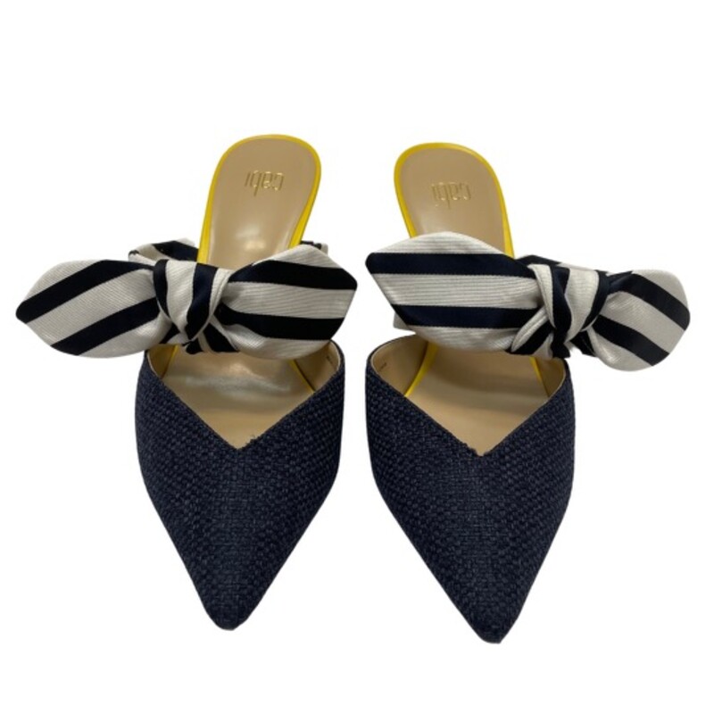 CAbi Bow Kitten Heel Mule
Navy, White, and Yellow
With Navy And White Bows
2.25 Heels
Shoes Look Like New
Size: 8