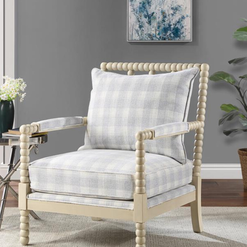 Spindle Plaid  Arm Chair
Creme Wood with Lavender White Plaid Upholstery
Size: 30x34x38H
NEW
Retail $825