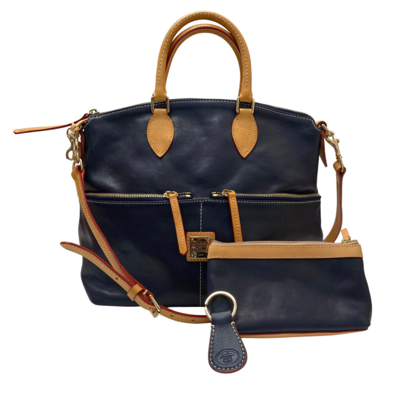 Dooney & Bourke Leather Handbag<br />
Navy, Tan, and Gold Hardware<br />
KeyChain & Pouch