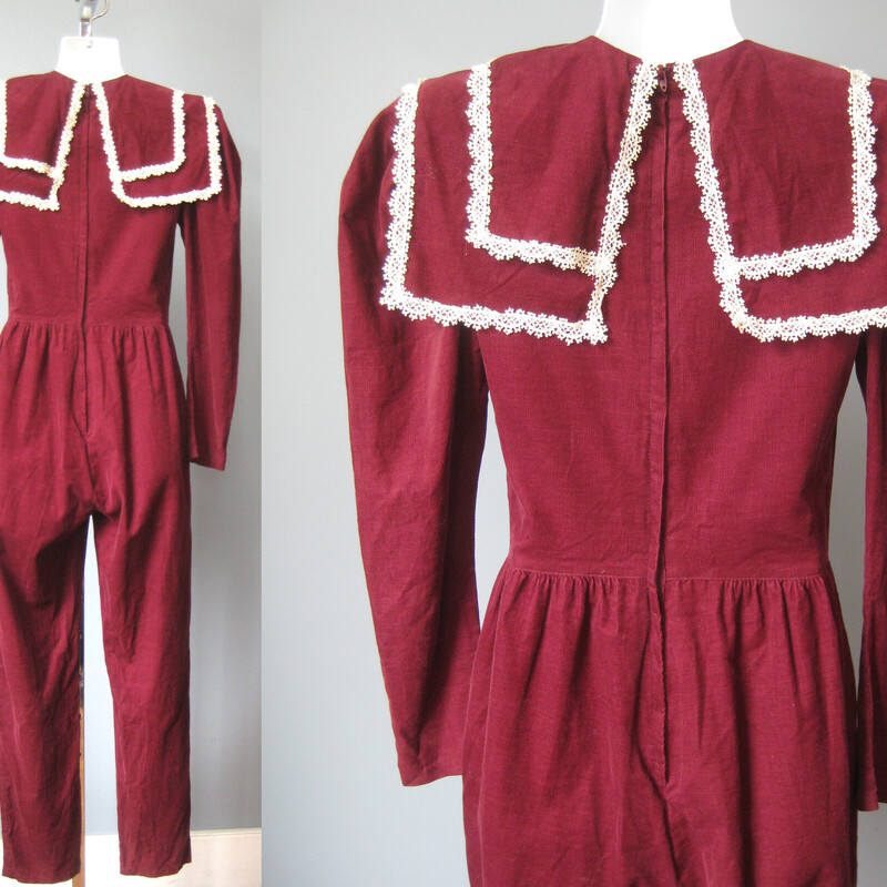 Vtg Gunne Sax Cord, Burgundy, Size: Vtg 7<br />
This pretty Gunnie Sax by Jessica jumpsuit is done in a burgundy baby corduroy.<br />
100% cotton no stretch<br />
Made in the USA<br />
It has a cape or bib style collar trimmed with lace<br />
pockets on each side<br />
zipper in the back<br />
Shoulder pads and puffy sleeves<br />
Unlined<br />
<br />
Marked size 7<br />
Here are the flat measurements<br />
Shoulder to shoulder: 14.5<br />
Armpit to Armpit: 17<br />
waist: 13.5<br />
hips: 21<br />
Rise: aprox.  31 (measured from collar seam to crotch seam)<br />
inseam: 28.25<br />
<br />
Excellent condition! no flaws!  lace is mellow but even, it was probably a lighter cream when it was brand new<br />
thanks for looking!<br />
#59445