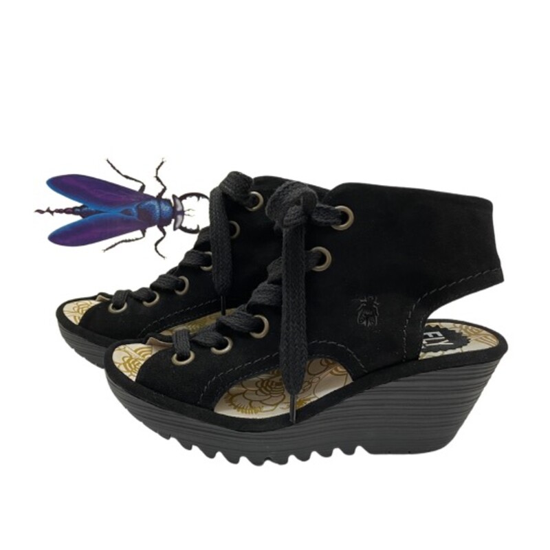 NEW Fly London Yaba Sandals<br />
Suede/Leather Lace-Up Wedges<br />
Black<br />
Size: 7.5