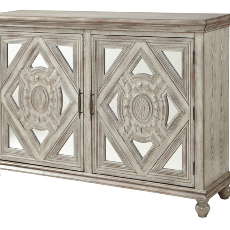 Carved Wood Mirrored Cabinet<br />
Creme Tan Wood Mirror Overlay Doors<br />
Size: 58x16x41H<br />
NEW<br />
Retail $1200