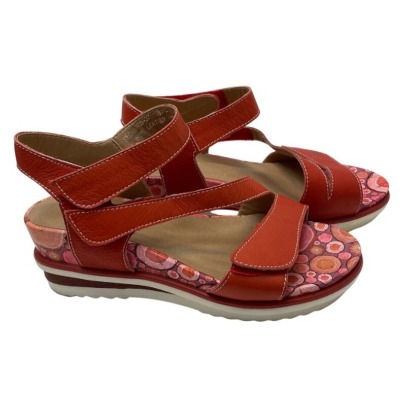 LArtiste Spring Step Elona Wedge Sandal<br />
Leather Upper<br />
Color:  Red with Colorful Sole<br />
Size: 6.5