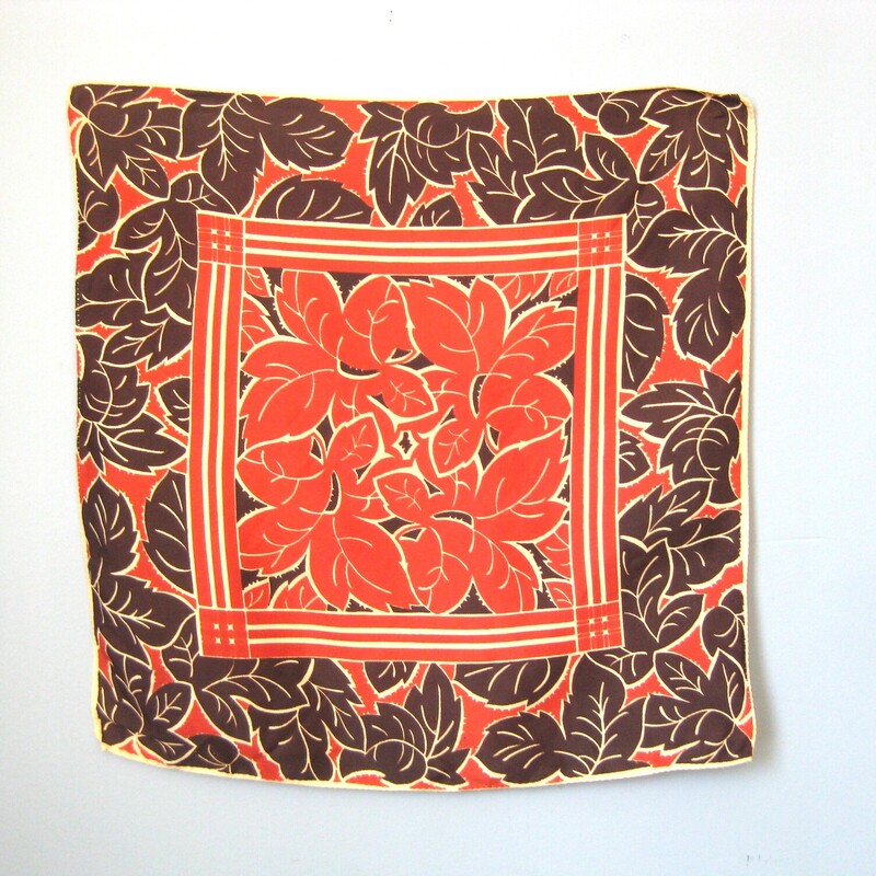 W Morris-esque Square, Brown, Size: None
Beautiful silk scarf , unsigned in an geometric stylized botanic pattern printed on one side of the scarf in browns and orange.
hefty twill weave
18 square, interestingly finished edges

Great condtion!
Thanks for looking!
#3154