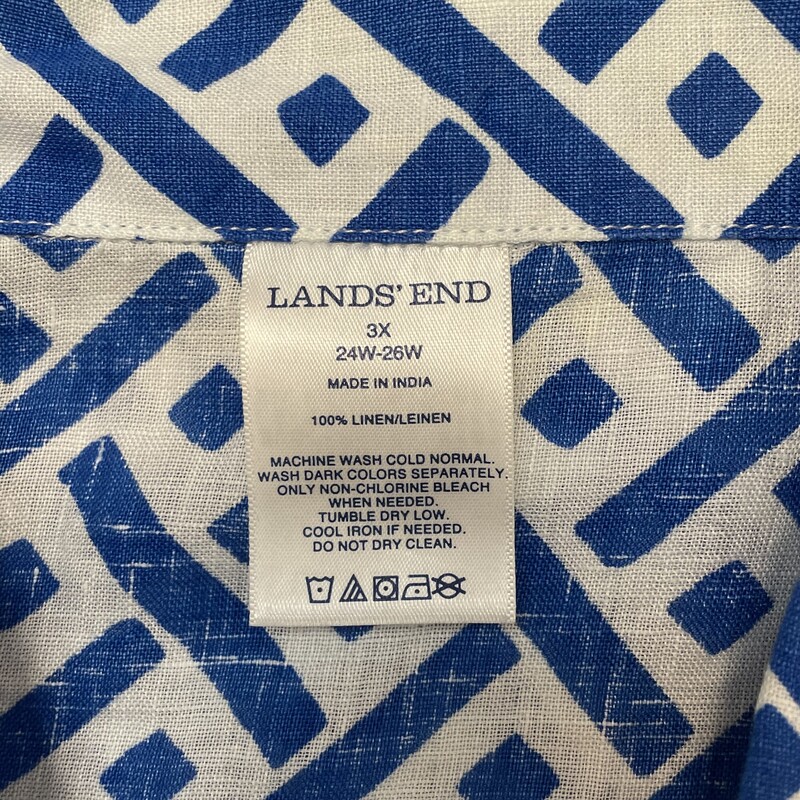 Lands End Geometric Print Blouse
100% Linen
Blue and White
Size: 3X