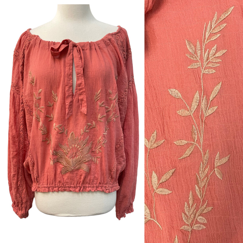 New Free People Peasant Style Blouse
Floral Embroidery and Lace Trim
Coral
Size: Medium