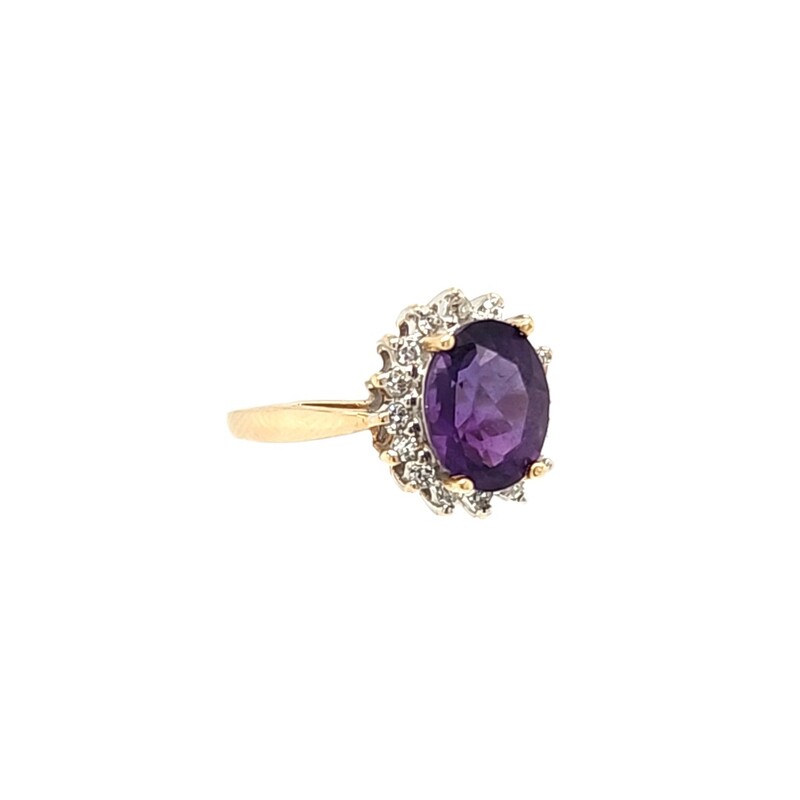 Ladies Ring 9 x 7mm Amethyst with Diamond Halo<br />
Diamonds total .36 carats.<br />
14 karat yellow gold<br />
Size 7.75<br />
$715<br />
<br />
* Can be sized up or down 2 sizes