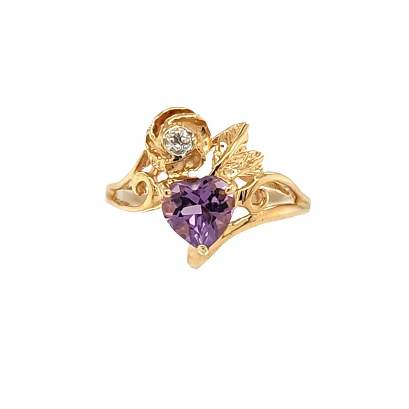 Heartshape Amethyst and Rose Design with Diamond Ring
Size 7
14 Karat Yellow Gold
$225

Can be sized up to 7.5 or down to 5