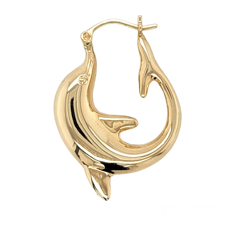 Graceful Dolphin Hoop Earrings<br />
1.5\"  Length<br />
14 Karat Yellow Gold
