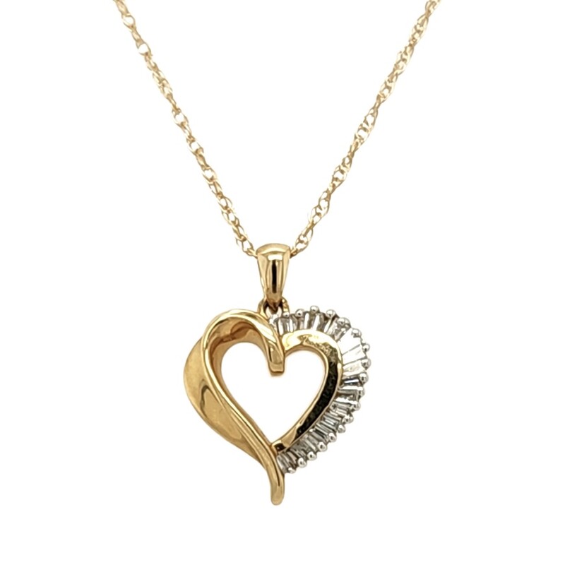 Baguette Diamond Heart Pendant<br />
*New 18\" Rope Pendant Chain<br />
14 Karat Yellow Gold<br />
$760