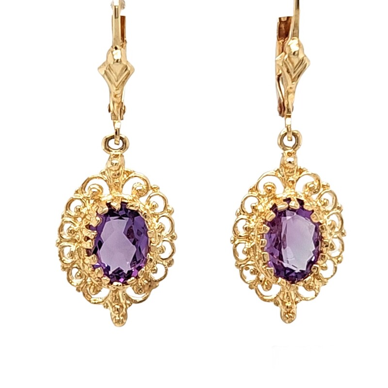 Oval Amethyst with Filigree Border Dangle Earrings
Lever back style. 8 x 6mm. Medium color.
$355