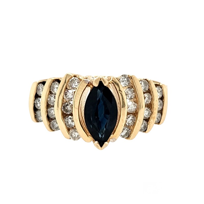 MArquise Sapphire with 3 Rows of Channel Set Round Diamonds on Each Side.
Arrow Design.
14 Karat Yellow Gold