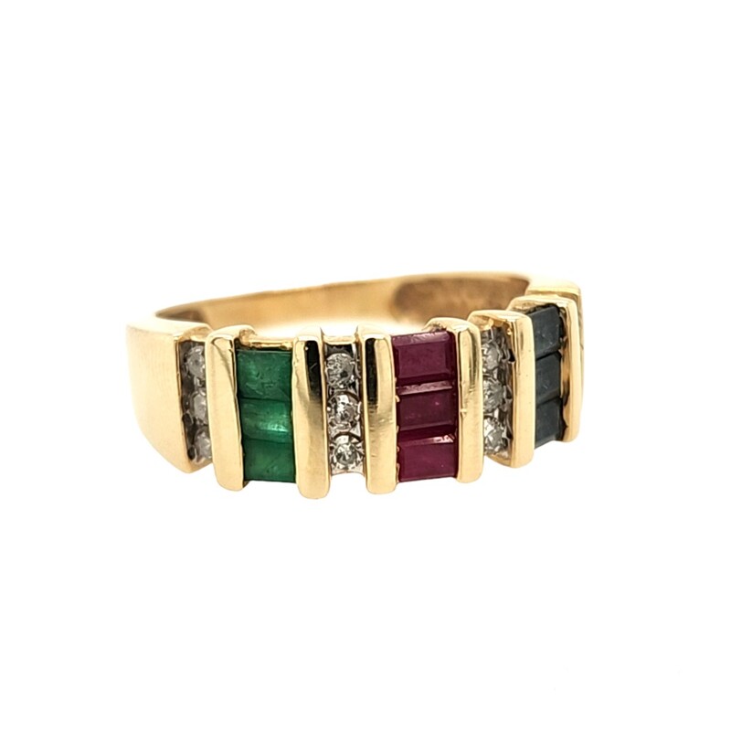 Baguette Ruby Emerald and Sapphire and 12 Diamond Band
14Karat Yellow Gold