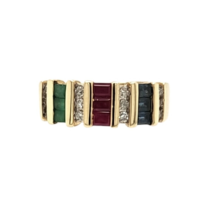 Baguette Ruby Emerald and Sapphire and 12 Diamond Band
14Karat Yellow Gold