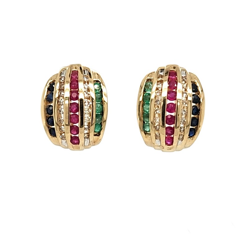 Ruby, Emerald & Sapphires Accented with Diamonds
Clip post back Earrings
10 Karat Yellow Gold
