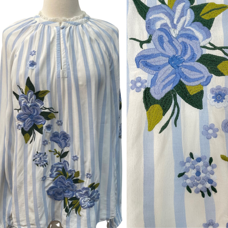Akemi + Kin Longsleeve Striped Blouse<br />
Anthropologie<br />
Embroidered Floral<br />
Lace Trim<br />
Sky, White, Colorful Flowers<br />
Size: Small