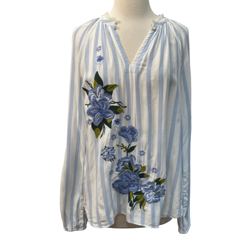 Akemi + Kin Longsleeve Striped Blouse<br />
Anthropologie<br />
Embroidered Floral<br />
Lace Trim<br />
Sky, White, Colorful Flowers<br />
Size: Small