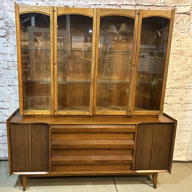 Lane MCM China Cabinet or Sideboard. In good condition with minimal wear. Can be used as a china cabinet or the top can be removed to use as a sideboard. Size: 66in long 18in deep and 73in tall. 30in tall without top.