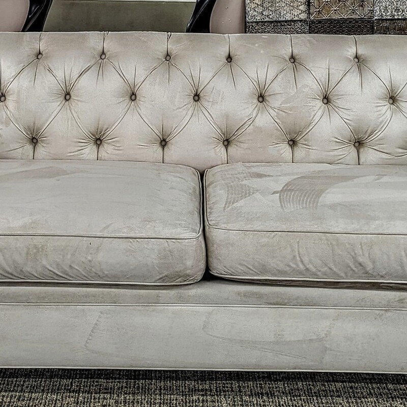 Pottery Barn Chesterfield Sofa
Creme Soft Velvet
Size: 93x41x31H
Retail $3300
AS IS- Faint  Pink Color Bleed on 1 Cushion/Back
Matching Grey Sofa Sold Separately
