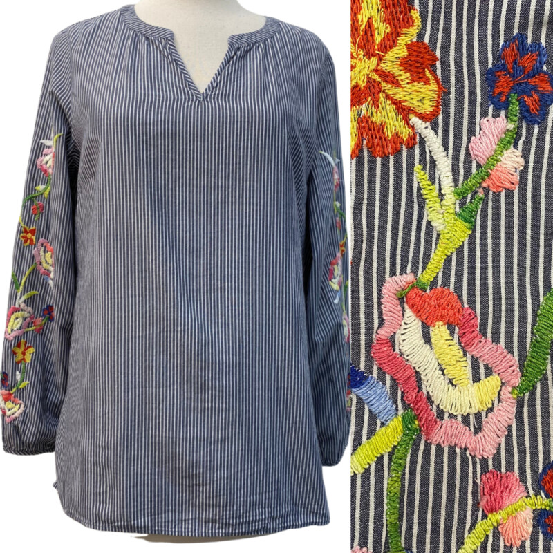 Talbots Striped Top
Embroidered Floral Sleeves
Size Small
Navy and White with Colorful Embroidery