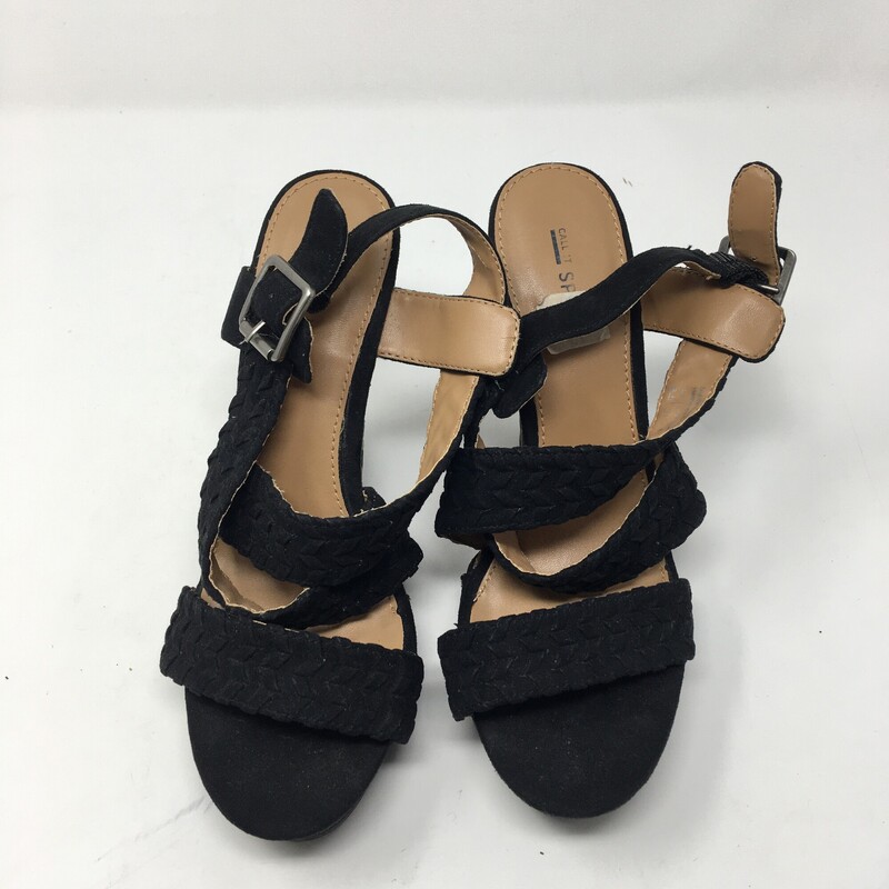 103-229 Call It Spring, Black, Size: 6.5<br />
black and tan wedges with chefron pattern