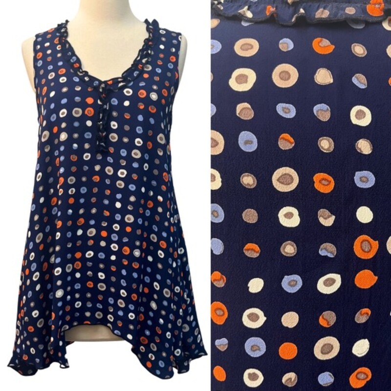 Loco Lindo DotsTunic Top
Sleeveless
Ruffled Neckline
100% Rayon
Navy, Coral, Blue, Beige, Mocha, and White
Size: Small