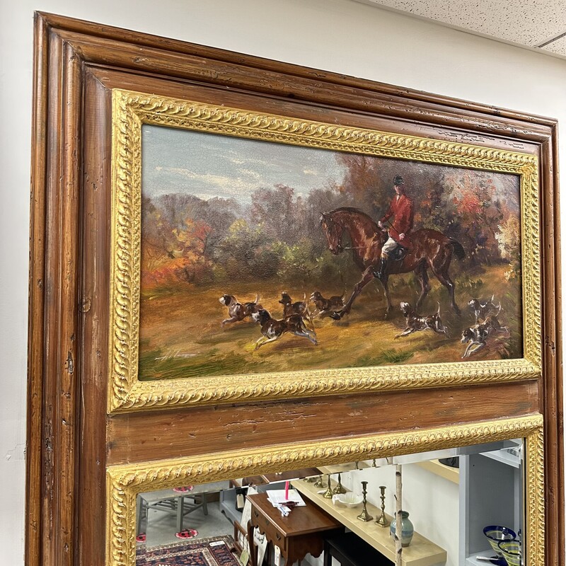 HUGE Trumeau Hunt Scene Mirror with Original Painting, signed. Stands 4 feet high!<br />
Size: 48x 80