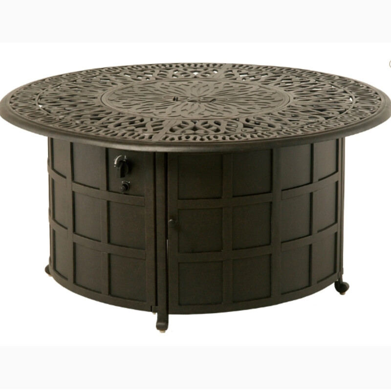 Hanamint  Enclosed Fire Pit Table<br />
Dark Brown Size: 48x24H<br />
All Weather Cast Aluminum Frame<br />
Propane Tank Not Included<br />
Retai $3000