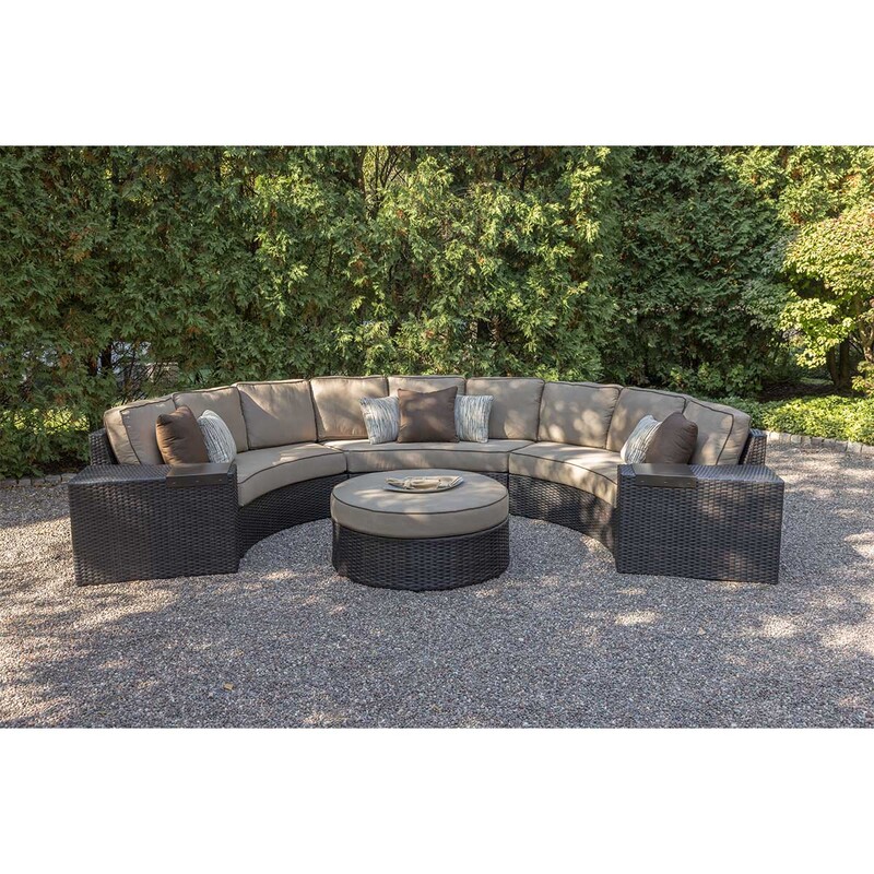 5 Piece Milan Wicker Sectional
Dark Brown All Weather Wicker
Cushioned Armless Curved Sofa 80x40.8D x30.6H
Cushioned Lounge Chair 36.5W x 34.6D x 30.6H
2 Woven Wedge End Tables 17.4W x 34.5D x 22.4H
As Is- Some Wear
COFFEE TABLE NOT INCLUDED
Retail $4000-$9000