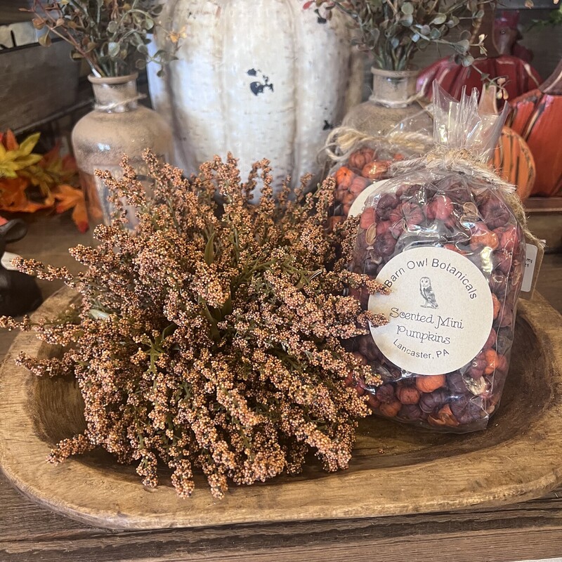 Pumpkin Heather Half Sphere features tiny pumpkin colored flowers on green stems. It has a flat bottom for easy placement. This half sphere is perfect to add to your fall decor. Measures 10 and a half inches in diameter