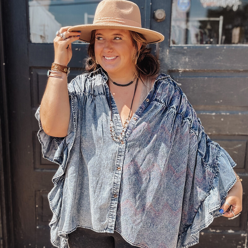 These amazing ruffle denim tops are the perfect unique touch your closet needed! Parts of the denim feature a beautiful, faint red embroidery that makes it all the more unique!
Madison is wearing a size S/M.