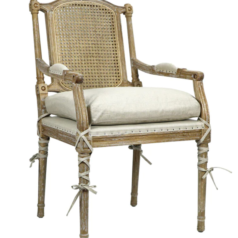 Ballet Slipper Tie Cane Chair
Taupe Wood with Linen Cushions
Size: 23x24x38H
They feature a weaved lattice backing and comfortable beige cushions secured by ties that decoratively wrap around the length of the legs.
Matching Chairs Sold Separately
NEW Retail $899+
