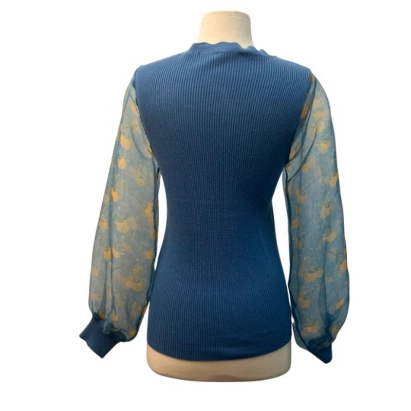 Sioni Knit Top with Floral Sheer Sleeves<br />
Ocean Blue, Golden, Amber, and Olive<br />
Size: Small