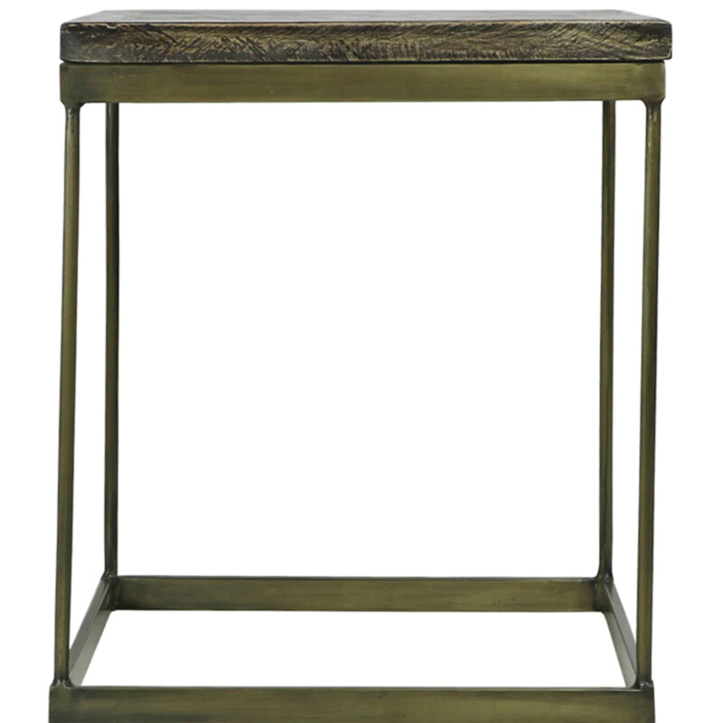 Parquet Square End Table
Dark Brown Reclaimed Wood on Gold Metal Base
Size: 18x18x21H
Matching End Table, Console and Coffee Table
Sold Separately
NEW Retail $699