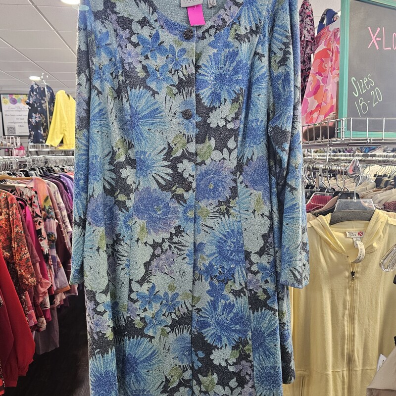 Brand new with tags, this duster is blue with floral print and metallic silver threading and lightweight.