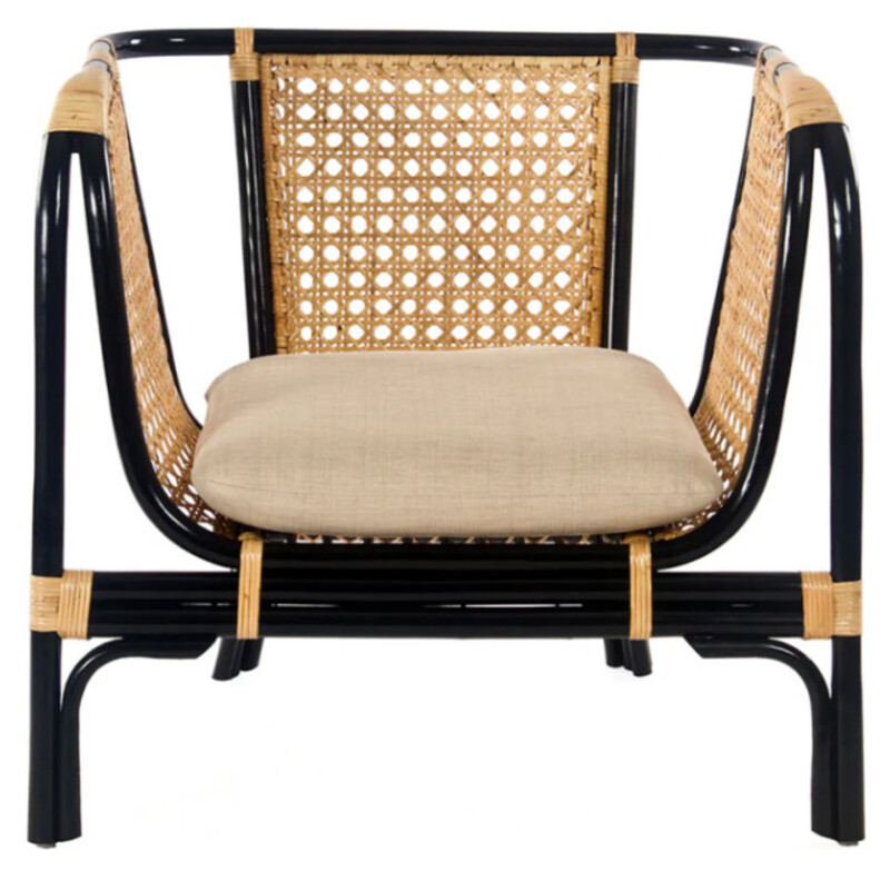 Quay Cane Lounge Chair
Tan Cane and Cushion with Black Bamboo Frame
Size: 33x26x30.5  Seat to Floor 15.5H
Crafted from Black Bamboo framing and Beige Rattan weave, the Quay Collection is French Colonial inspired with a Modern twist. The construction of each piece of the collection is simple and elegant, taking inspiration from the safari sling chair design, the Quay Lounge Chair offers wide seating. The rattan weave is strung - like a sling - from arm to arm and down the back providing gently swooping contours. The black bamboo framing and beige rattan weave provide an alluring contrast.   Matching Chair Sold Separately
NEW   Retail $1300+