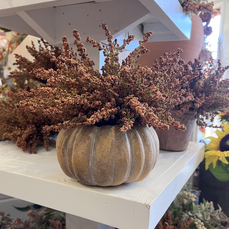 The small cement pumpkin has a pretty distressed orange color and our half spheres lay perfectly on top for an elegant fall display. It has a 3 inch depth as well which could hold a small plant.<br />
Measures 4 inches tall and 6 inches in diameter