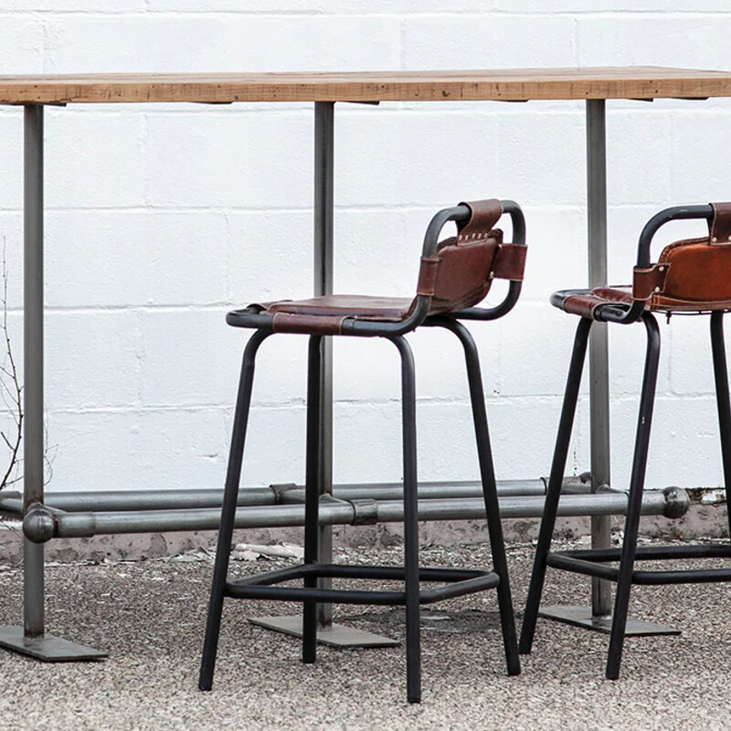 Happy Hour Pub Table<br />
Tan Reclaimed Wood with Grey Piping Frame<br />
Size: 67x25x42H<br />
NEW  Retail $1000+<br />
Leather Nova Bar Stools Sold Separately
