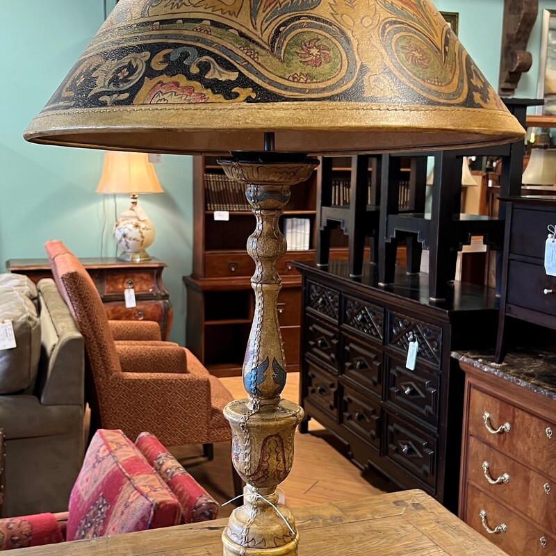 Painted Leather Table Lamp, Unique, W/ Shade
42in tall