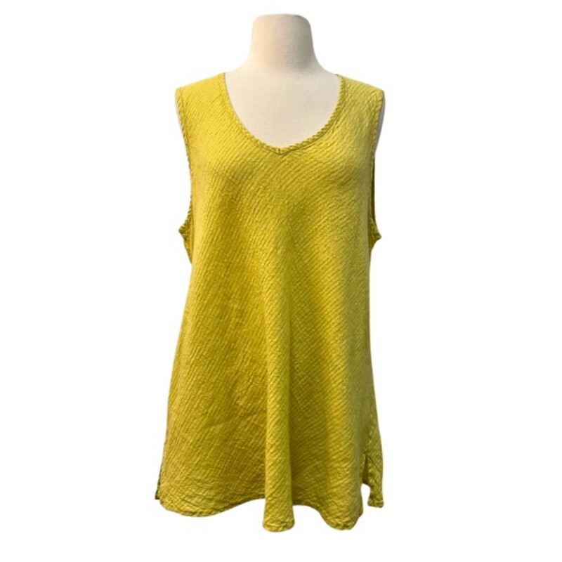 FLAX 100% Linen Tunic Top<br />
Sleeveless<br />
Yellow, and Green<br />
Size: Large